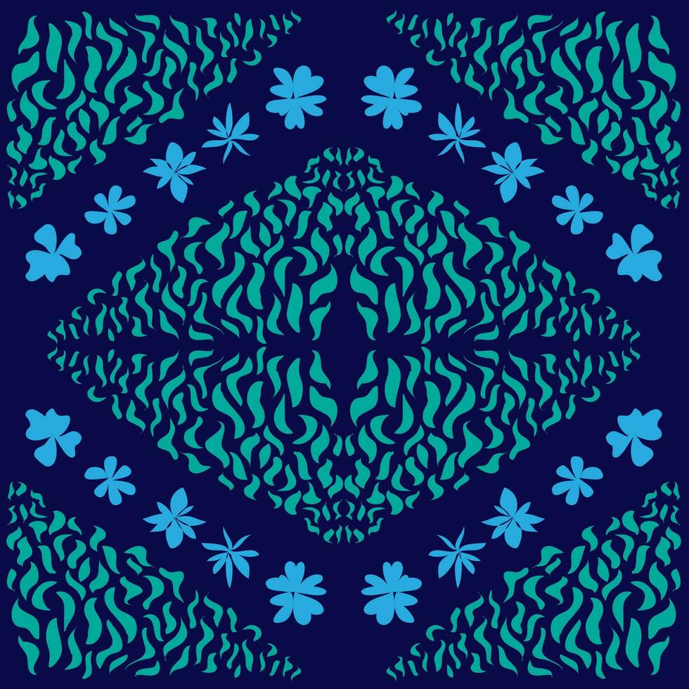 Vector abstract monochromatic pattern in the form of leaves and flowers on a blue background