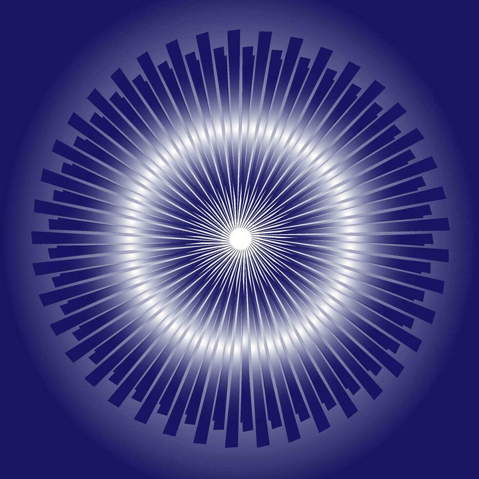 Abstract geometric pattern in the form of metallic shiny lines and stripes arranged in a circle on a blue background vector