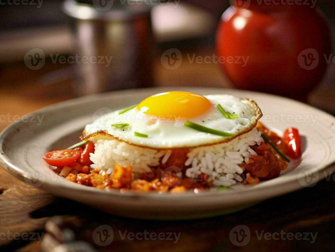 ai generado delicioso frito arroz con un soleado lado arriba huevo, servido en un blanco plato con un de madera mesa antecedentes. generativo ai foto