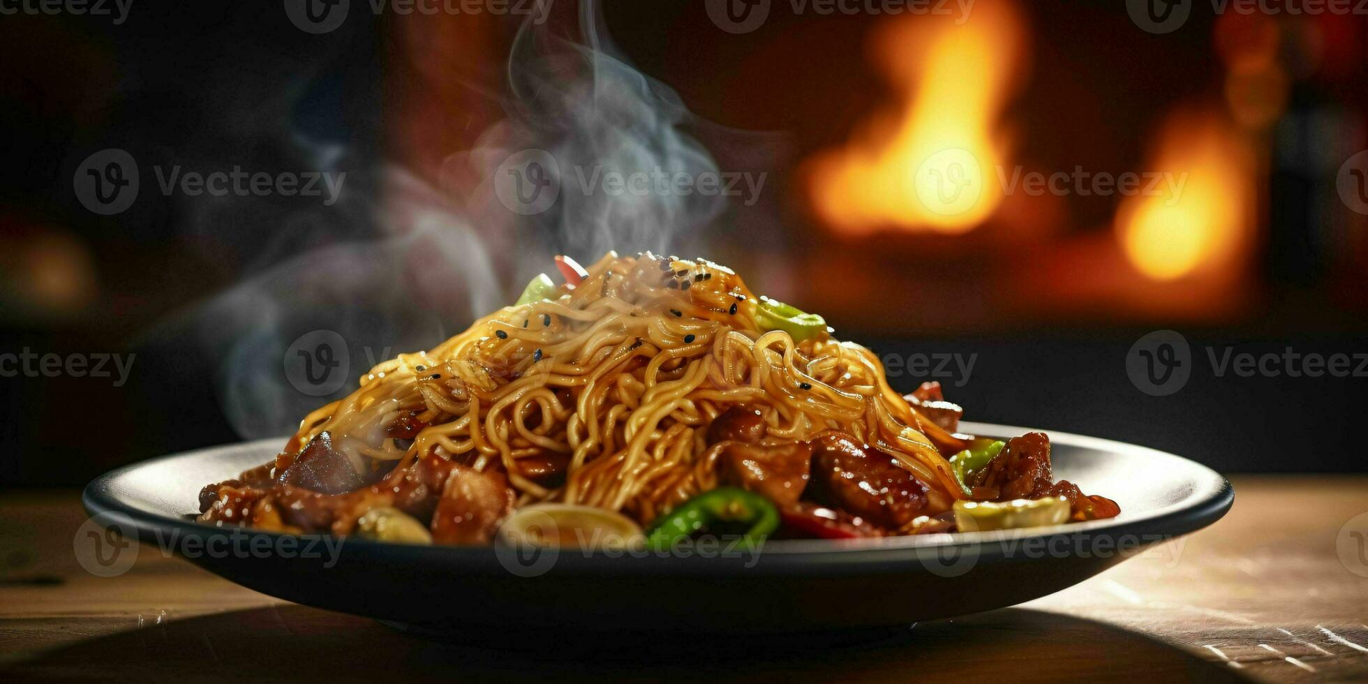 AI generated Delicious Fried Noodle with Smoky Effect on a Wooden Table. Generative AI photo