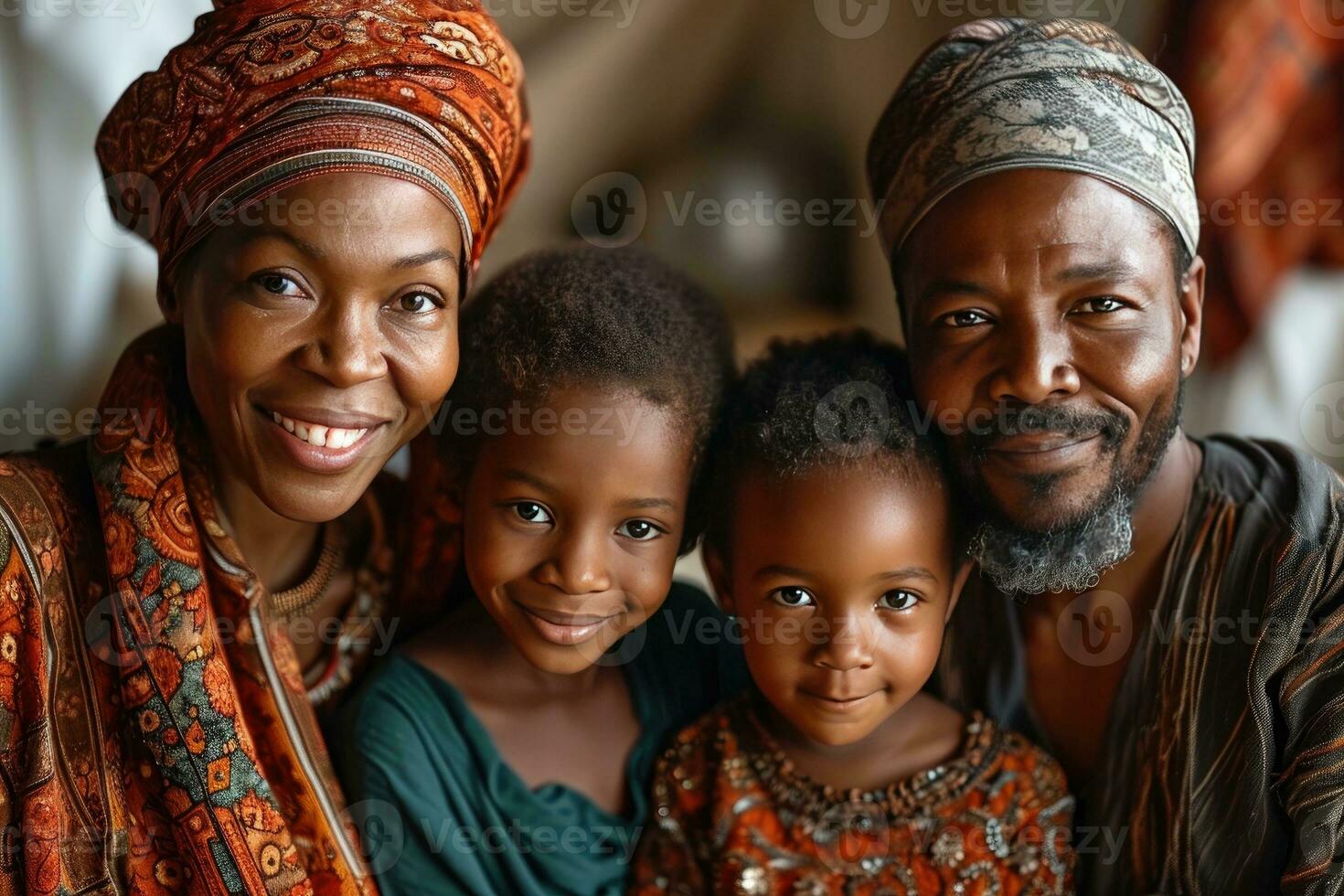 AI generated Portrait of a Happy African Muslim Family in Traditional Clothes. Generative AI photo