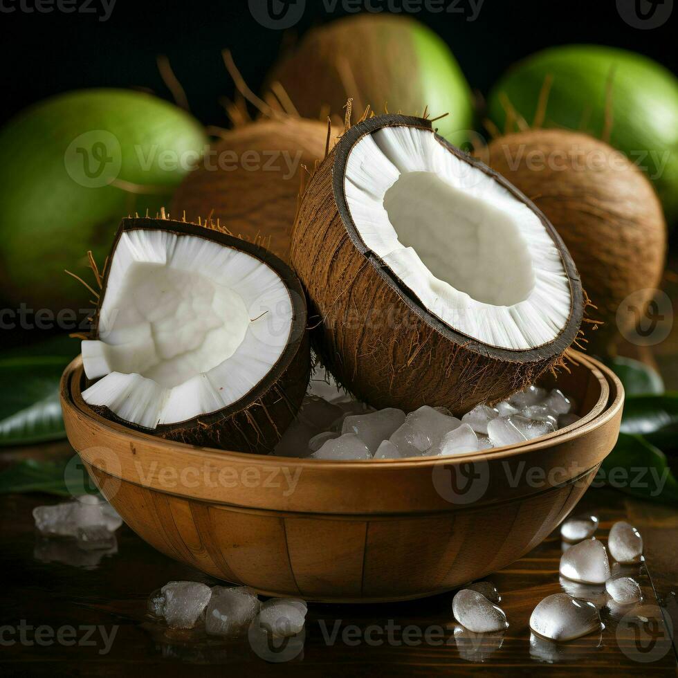 AI generated Fresh Coconut. Coconut Pieces. Generative AI photo