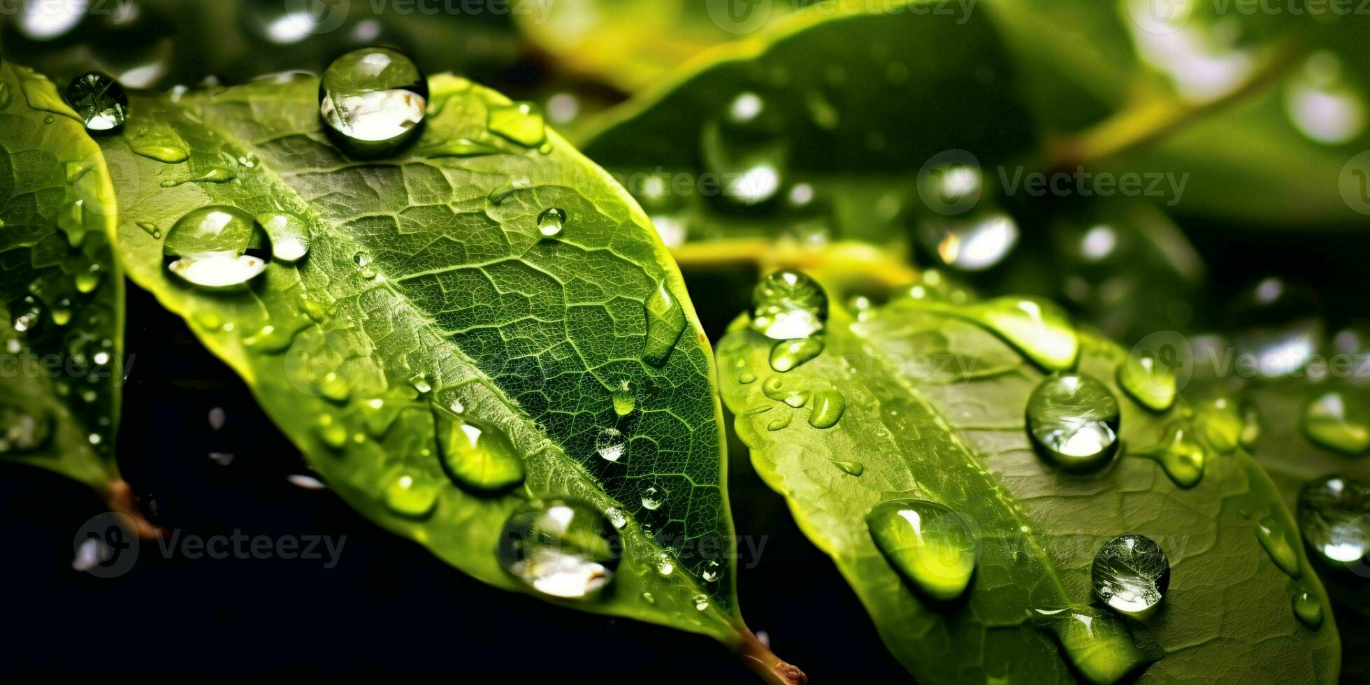 AI generated Fresh Green Leaves with Water Droplets. Close Up of Leaf with Raindrops. Generative AI photo