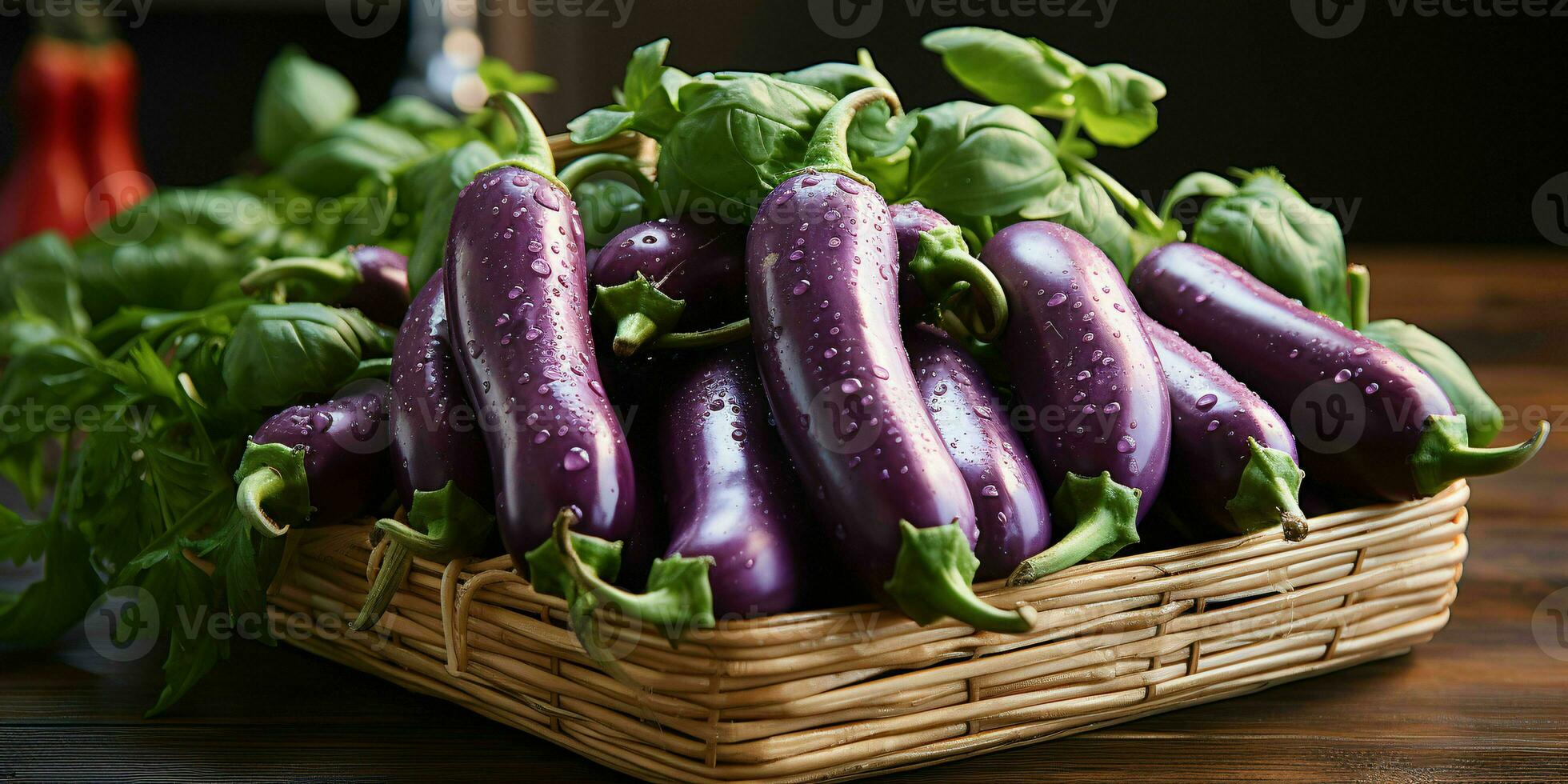 AI generated Fresh Eggplant with Water Droplets. Group of Aubergine. Generative AI photo