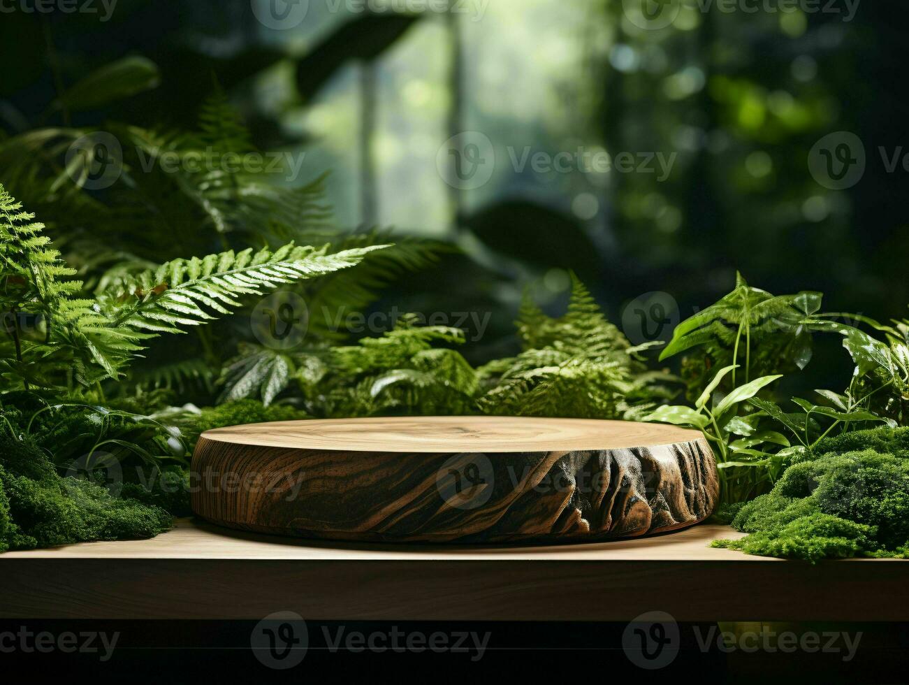 AI generated Wooden Product Display Podium with Nature Background. Natural Product Placement Pedestal Stand. Generative AI photo