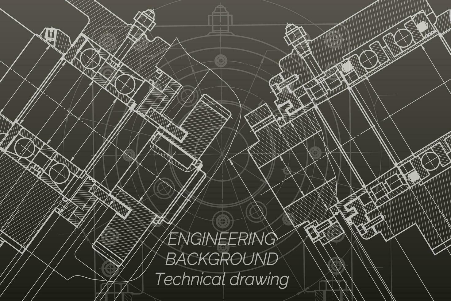 Mechanical engineering drawings on black background. Milling machine spindle. Technical Design. Cover. Blueprint. Vector illustration