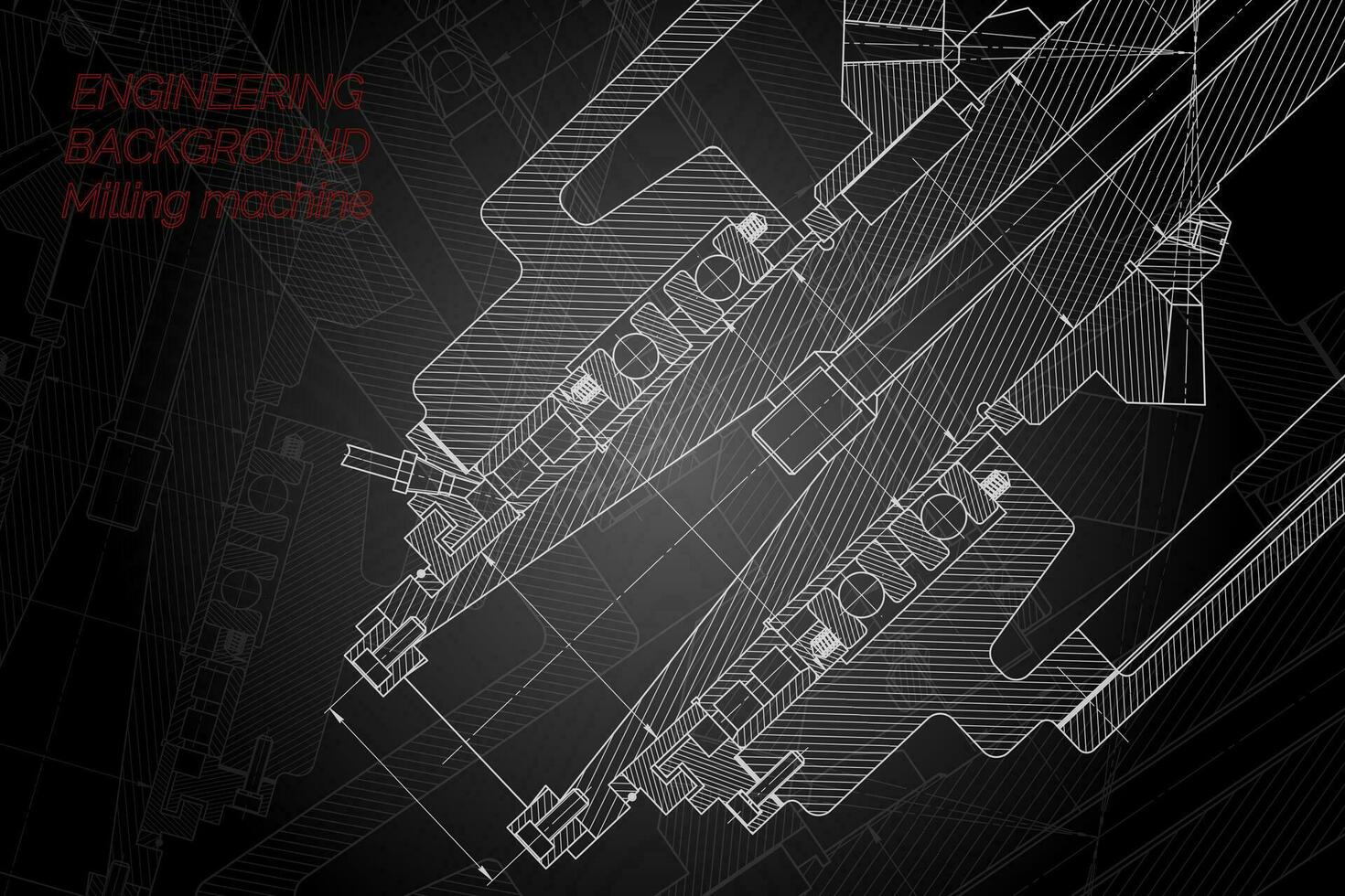 Mechanical engineering drawings on black background. Milling machine spindle. Technical Design. Cover vector