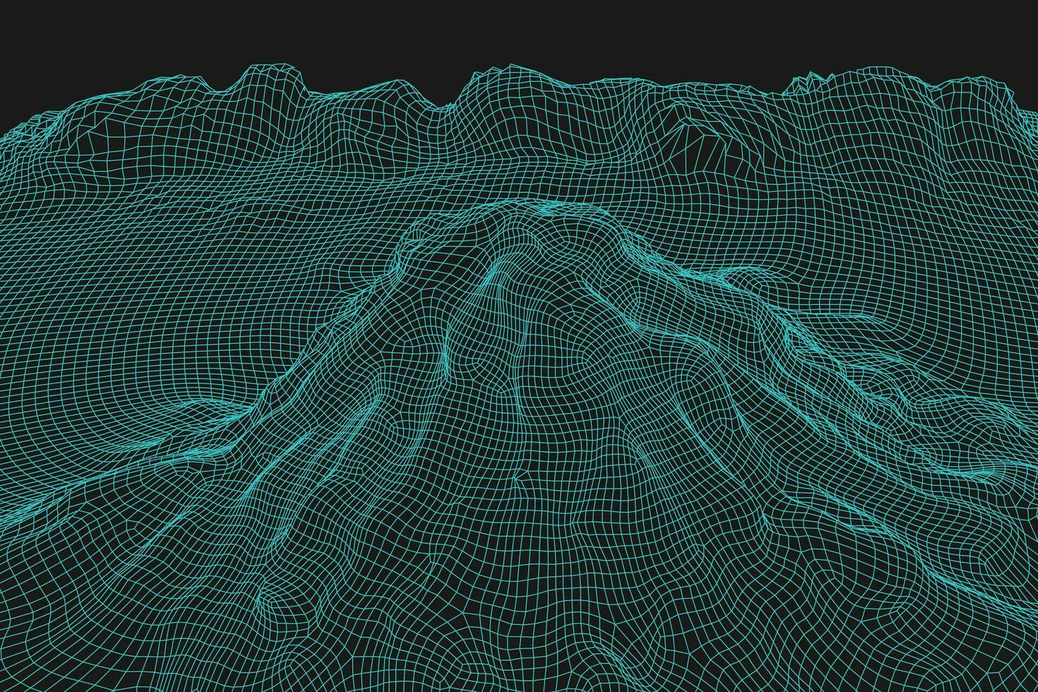 Blue abstract vector wireframe landscape background. 3D futuristic mesh mountains. 80s Retro illustration. Cyberspace technology valleys