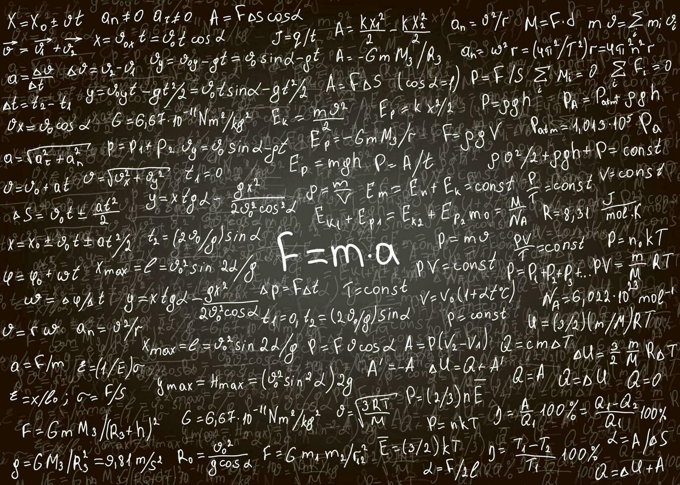 física fórmulas dibujado por mano en el negro pizarra para el antecedentes. vector ilustración