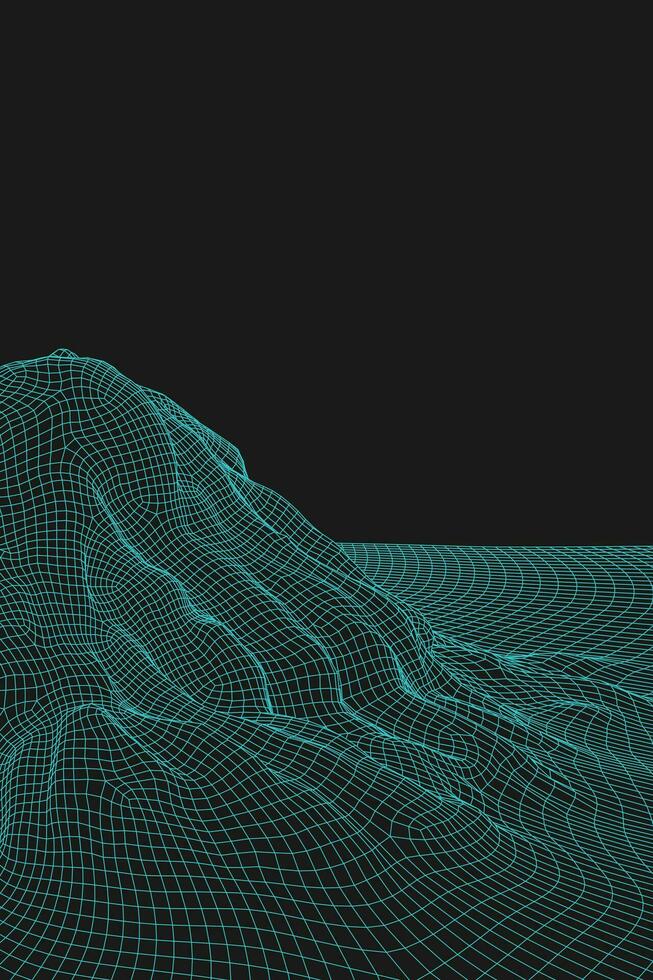 Blue abstract vector wireframe landscape background. 3D futuristic mesh mountains. 80s Retro illustration. Cyberspace technology valleys