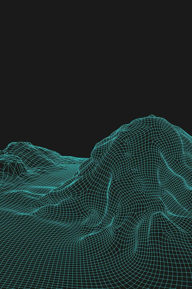 Blue abstract vector wireframe landscape background. 3D futuristic mesh mountains. 80s Retro illustration. Cyberspace technology valleys