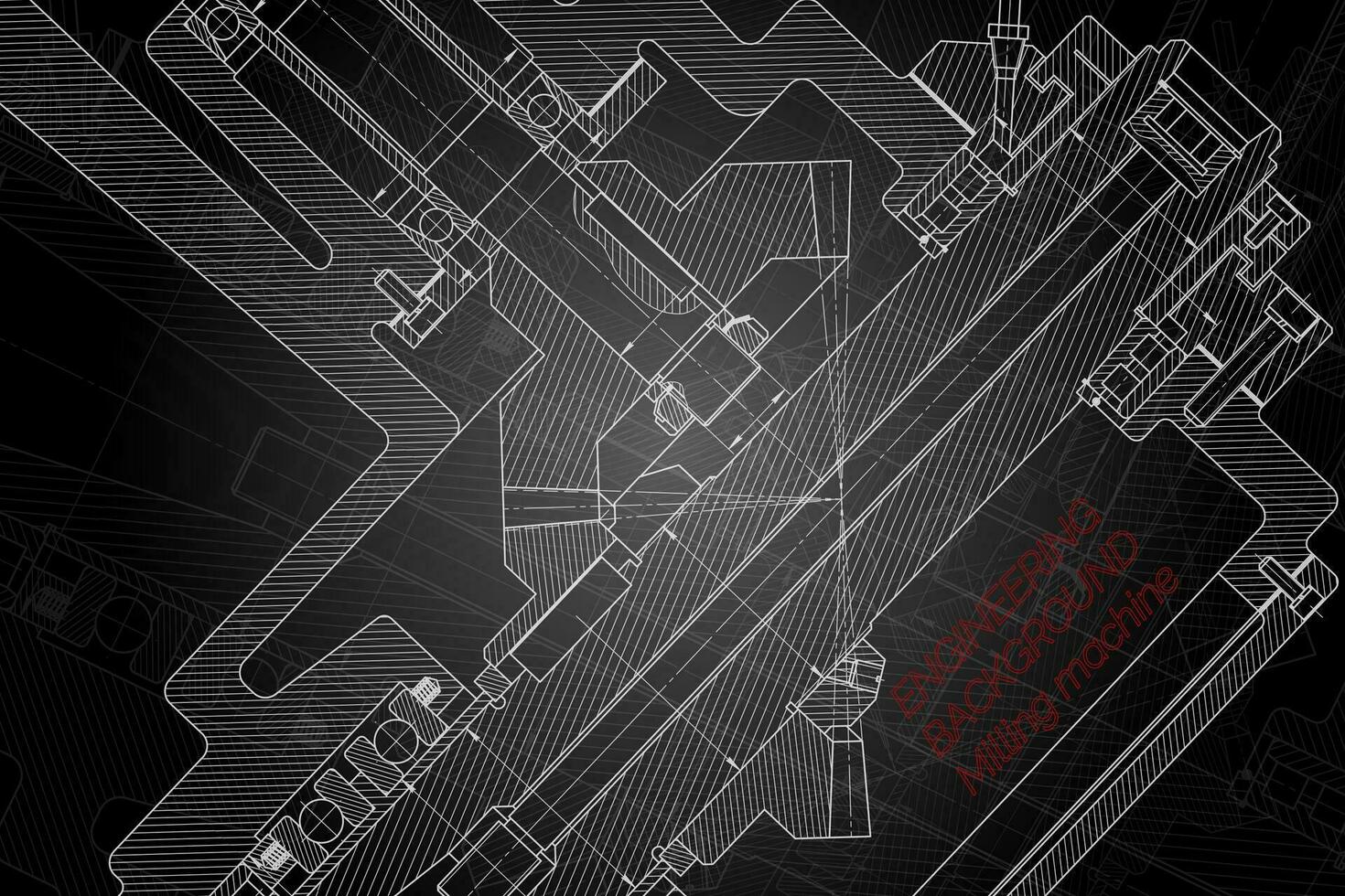 mecánico Ingenieria dibujos en negro antecedentes. molienda máquina huso. técnico diseño. cubrir vector