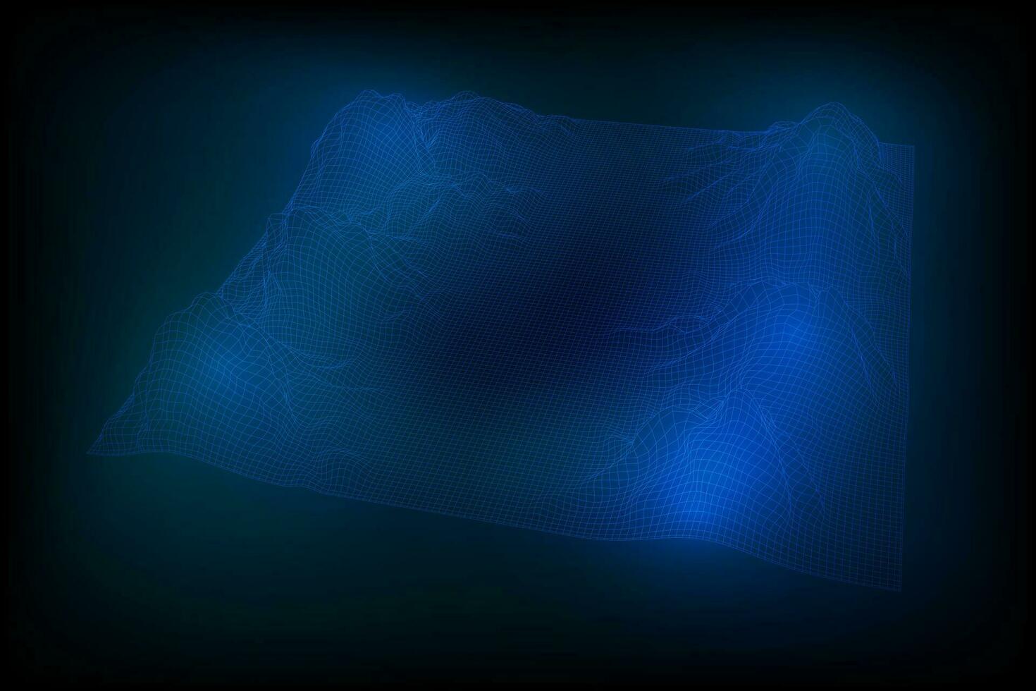Abstract vector wireframe landscape background. 3D futuristic mesh mountains. 80s Retro illustration. Cyberspace technology valleys