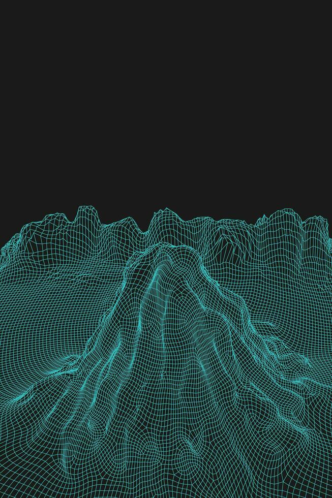 Blue abstract vector wireframe landscape background. 3D futuristic mesh mountains. 80s Retro illustration. Cyberspace technology valleys
