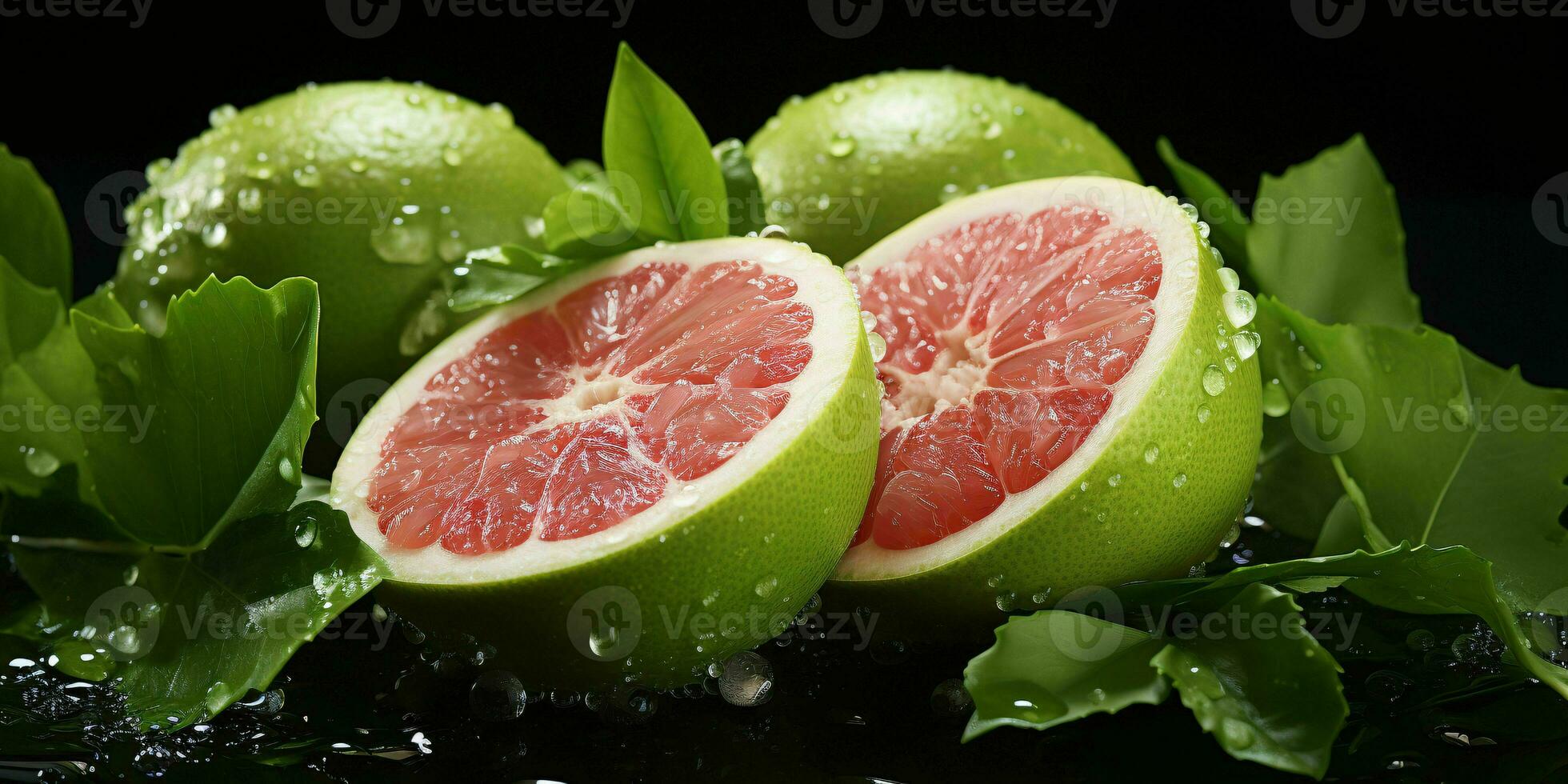 AI generated Sliced Fresh Grapefruits with Water Droplets. Pomelo Fruits. Generative AI photo