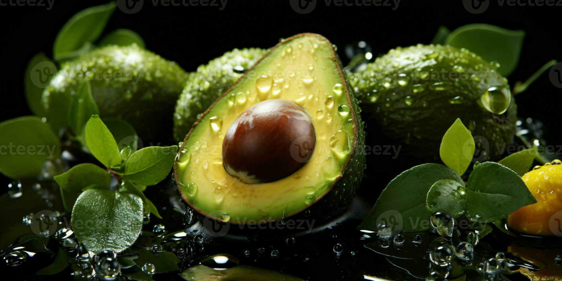 ai generado Fresco aguacate con agua gotas en negro antecedentes. generativo ai foto