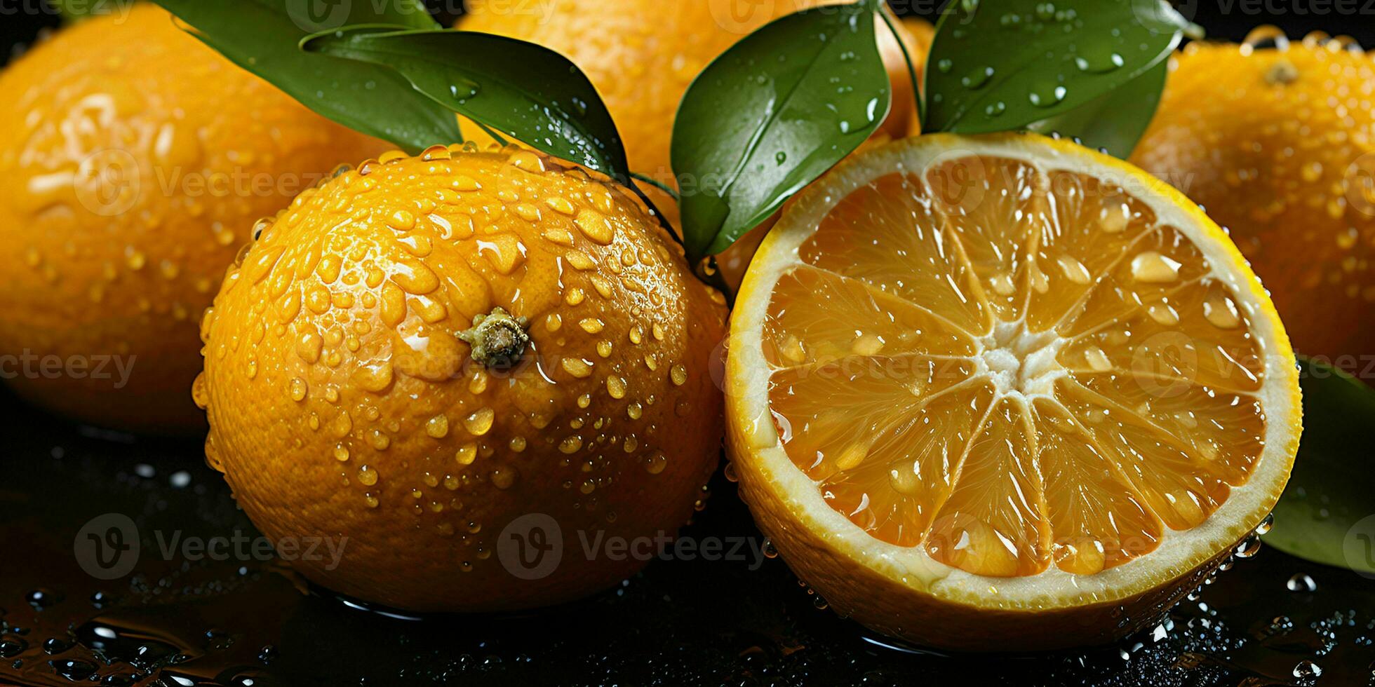 AI generated Fresh Oranges with Water Droplets Isolated on a Black Background. Generative AI photo