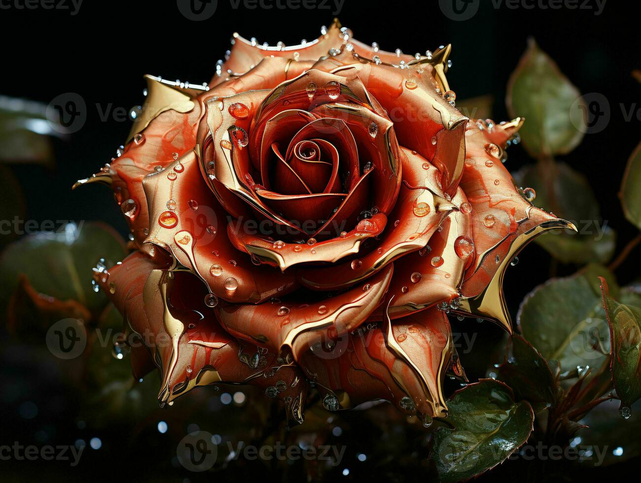 AI generated Red and Gold Glass Rose Flower with Water Droplets on it Isolated on Black Background. Generative AI photo