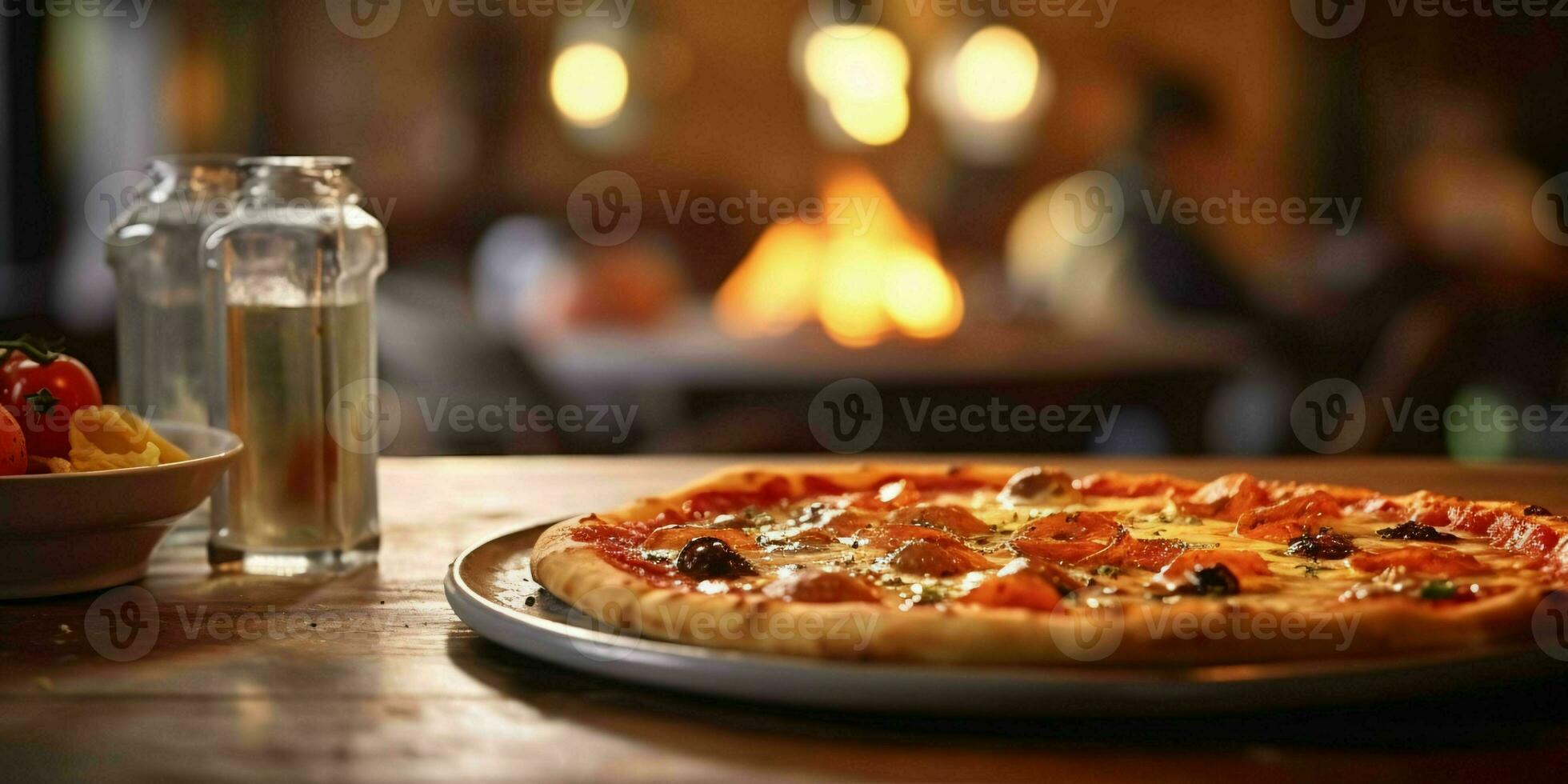 AI generated Tasty Pizza on Wooden Table with Blurred Fancy Background. Generative AI photo