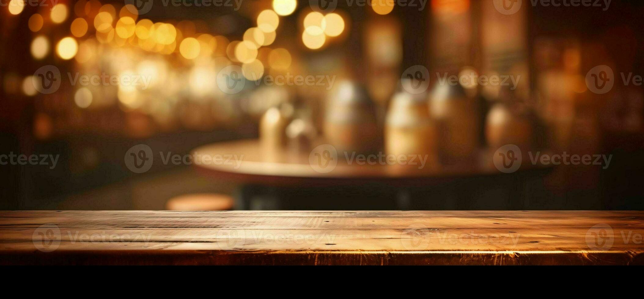 AI generated Empty Wooden Table with Bokeh Cafe Background and Golden Lights. Generative AI photo