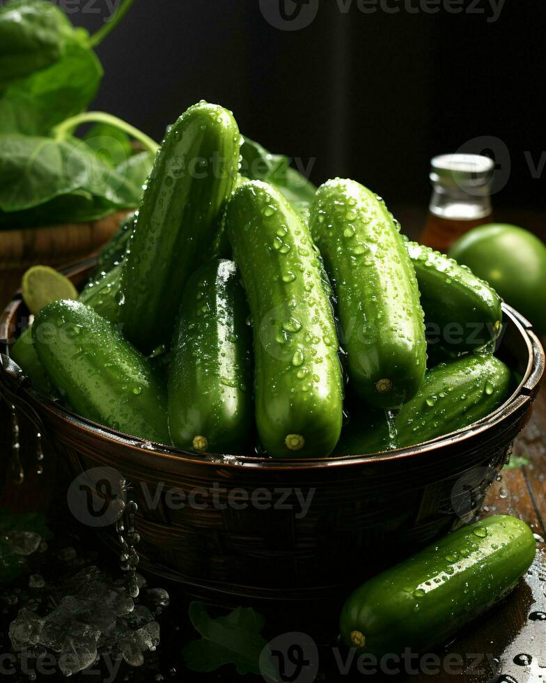 AI generated Fresh Cucumber with Water Droplets. Generative AI photo