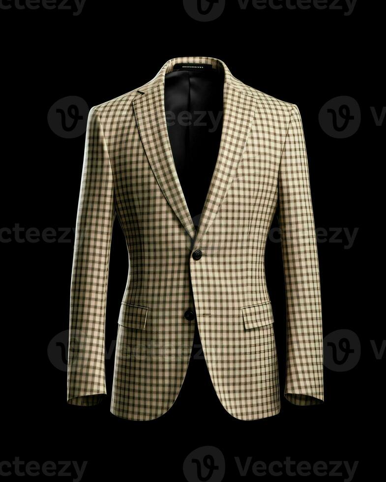 AI generated Elegant Beige Men's Suit with Gingham Motif Isolated on Black Background. Generative AI photo