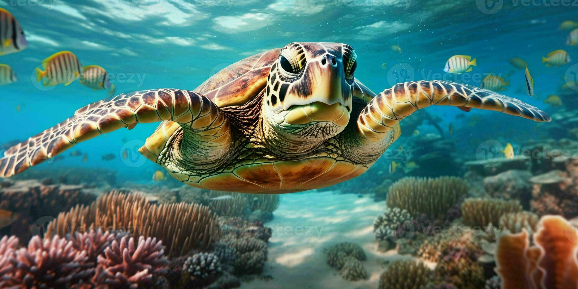 AI generated Portrait of a Sea Turtle Swimming in the Sea. Generative AI photo
