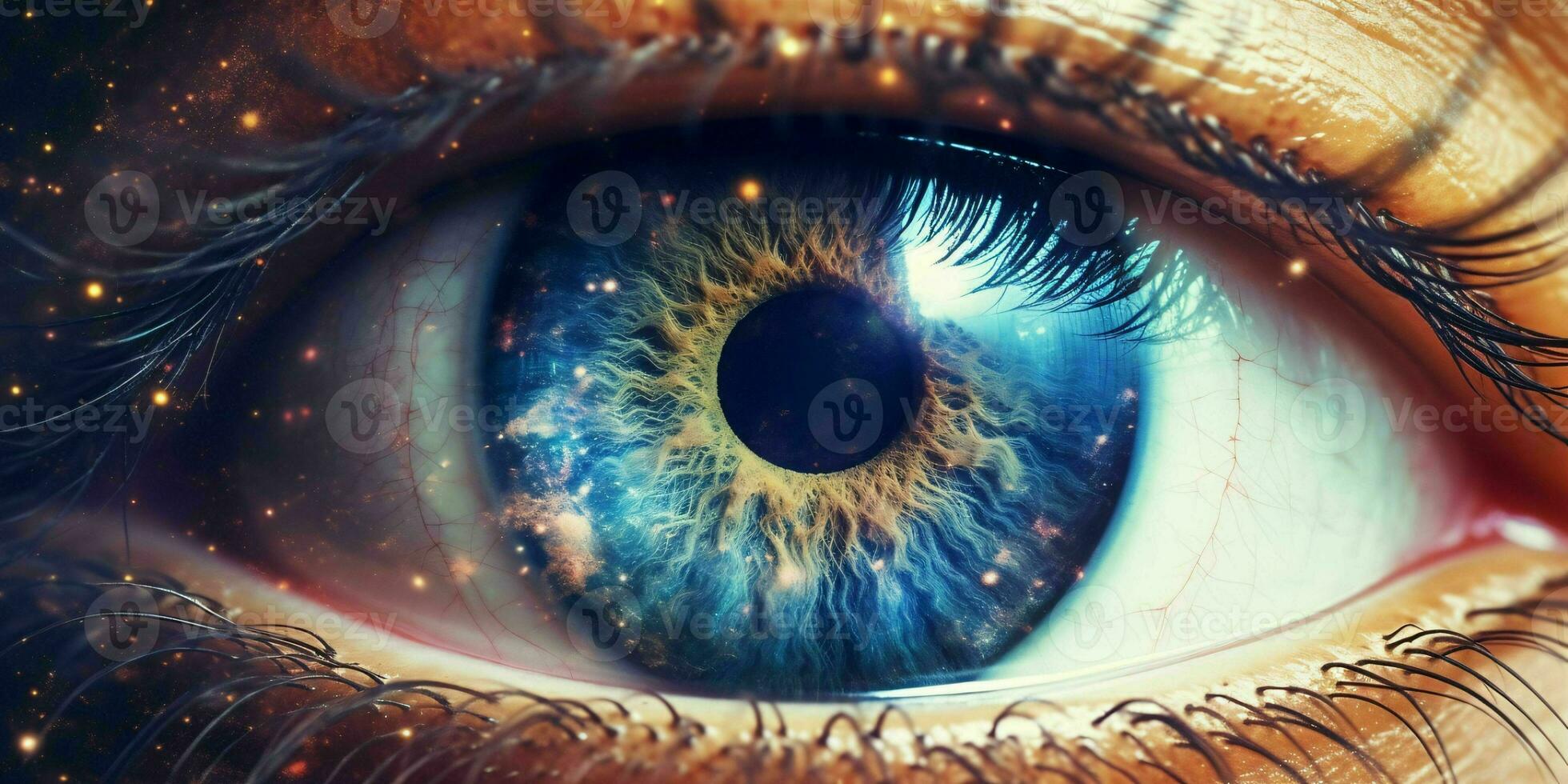 ai generado cerca arriba ver de el ojo con el universo adentro. generativo ai foto