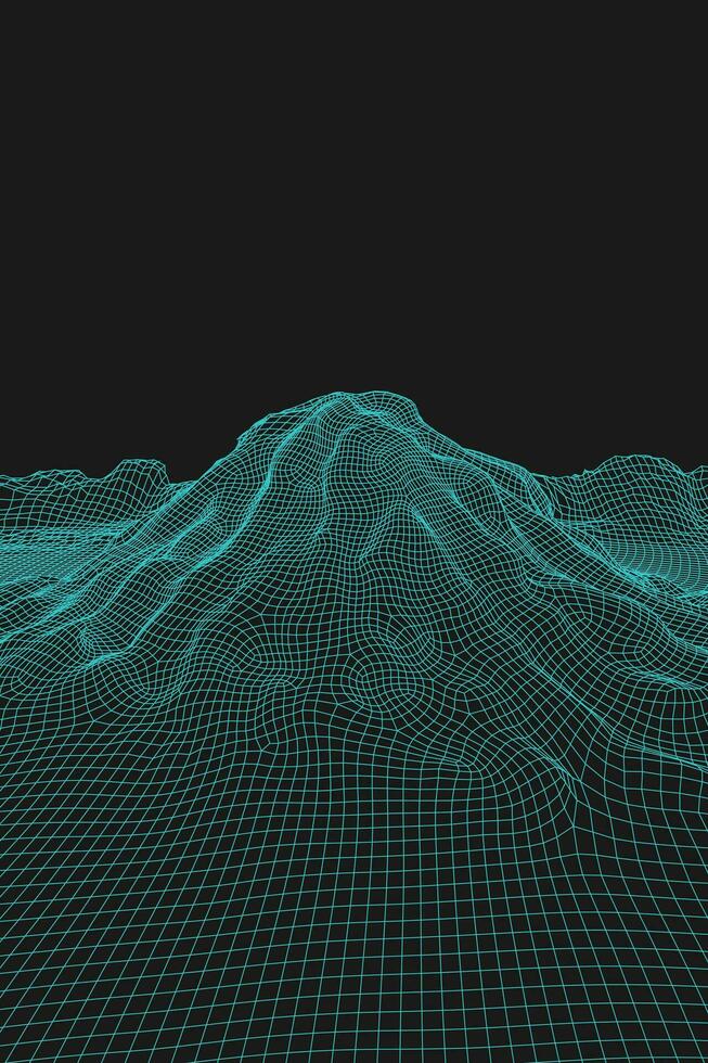 Blue abstract vector wireframe landscape background. 3D futuristic mesh mountains. 80s Retro illustration. Cyberspace technology valleys