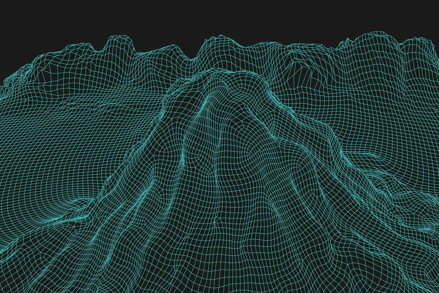 Blue abstract vector wireframe landscape background. 3D futuristic mesh mountains. 80s Retro illustration. Cyberspace technology valleys