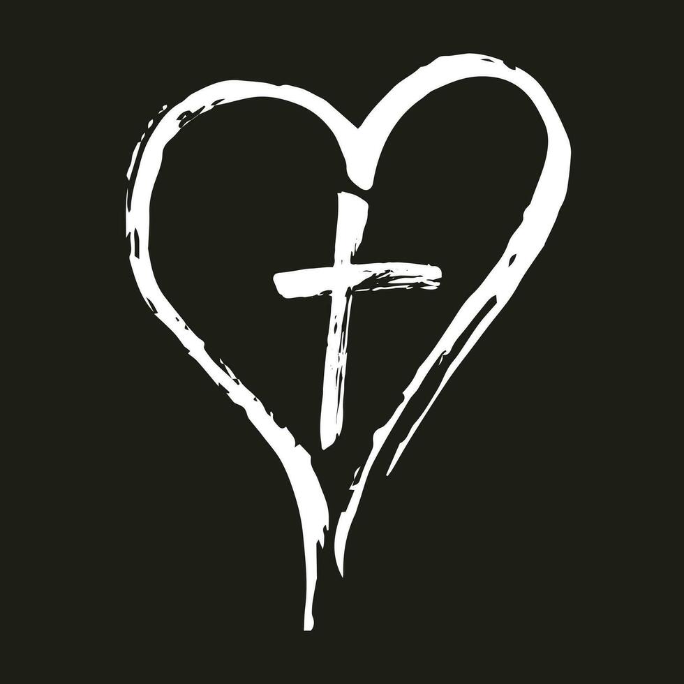 Christian white cross and heart drawn by brush, isolated symbols on a black background vector