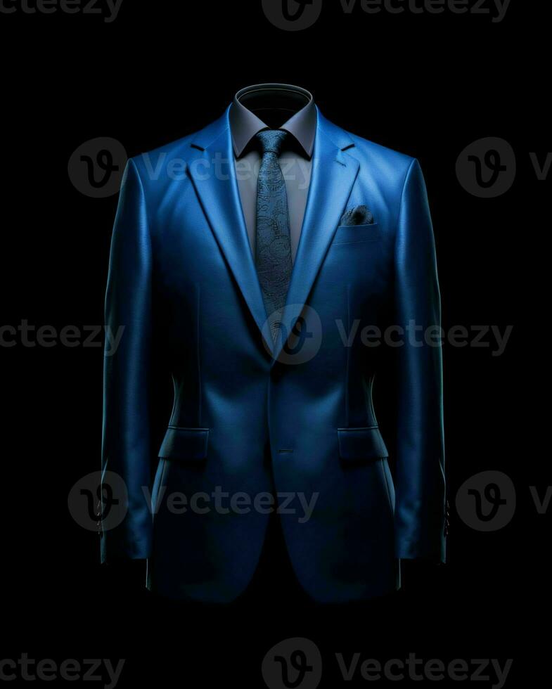 ai generado elegante azul de los hombres traje aislado en negro antecedentes. generativo ai foto