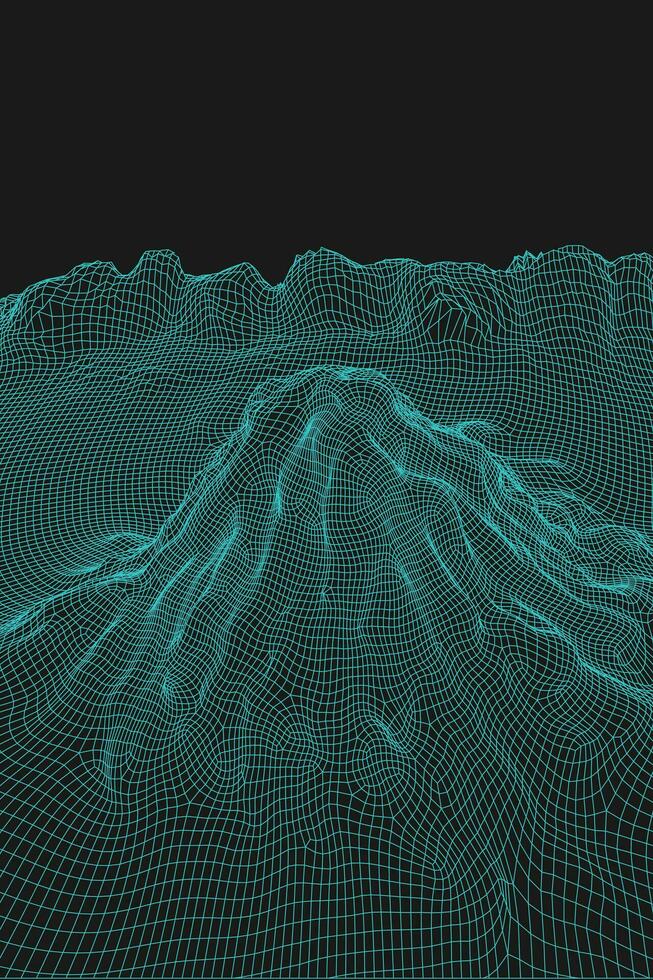 Blue abstract vector wireframe landscape background. 3D futuristic mesh mountains. 80s Retro illustration. Cyberspace technology valleys