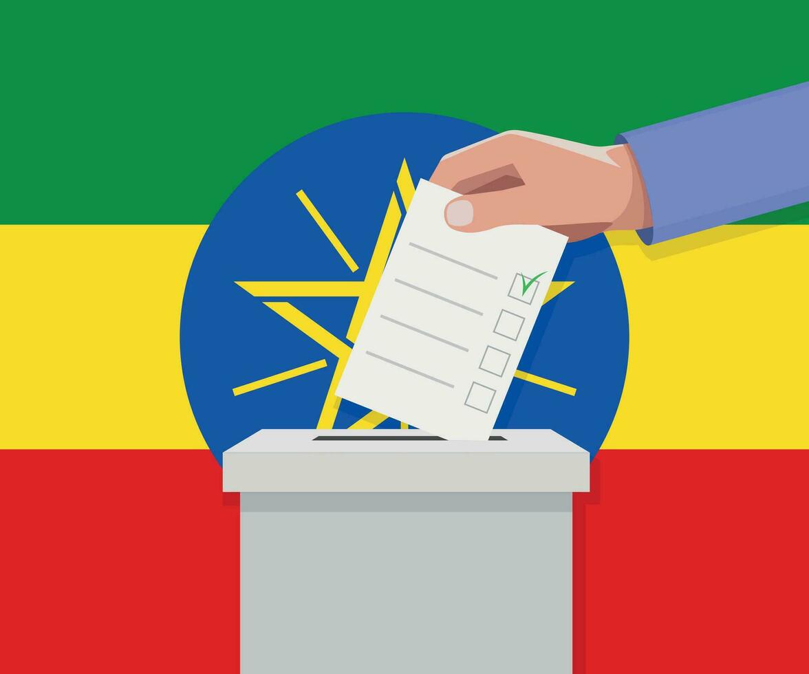 Ethiopia election concept. Hand puts vote bulletin vector