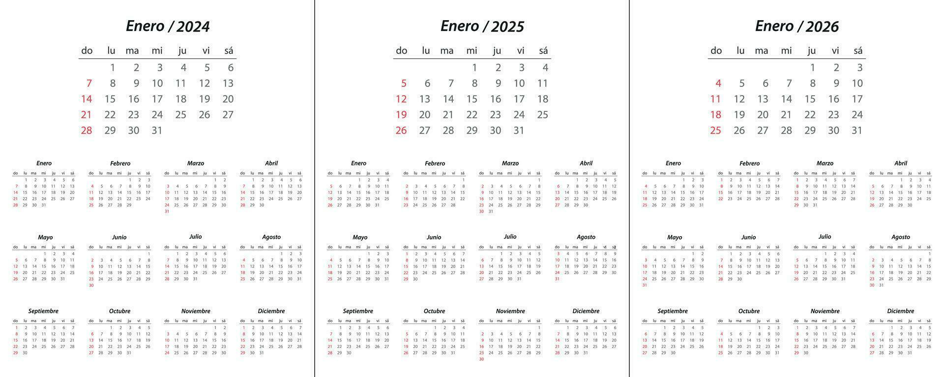 calendario 2024, calendario 2025, calendario 2026 en Español idioma semana comienzo domingo vector