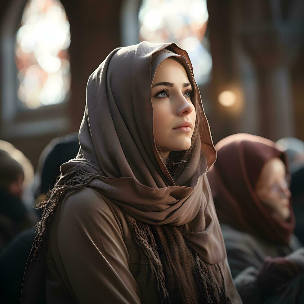 AI generated Beautiful Muslim woman in hijab sits in mosque, listening to sermon, Generative Ai photo