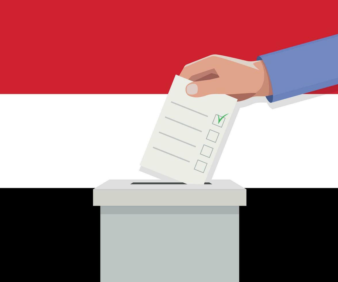 Yemen election concept. Hand puts vote bulletin vector