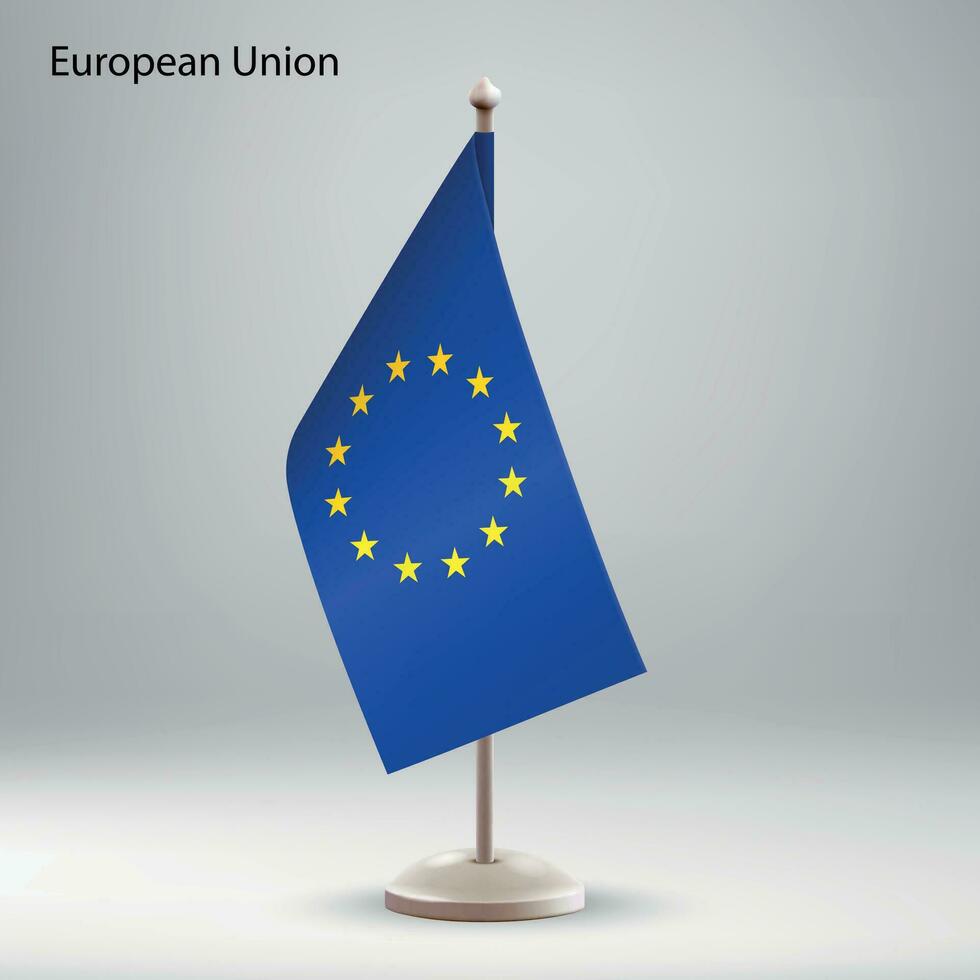 bandera de europeo Unión colgando en un bandera pararse. vector