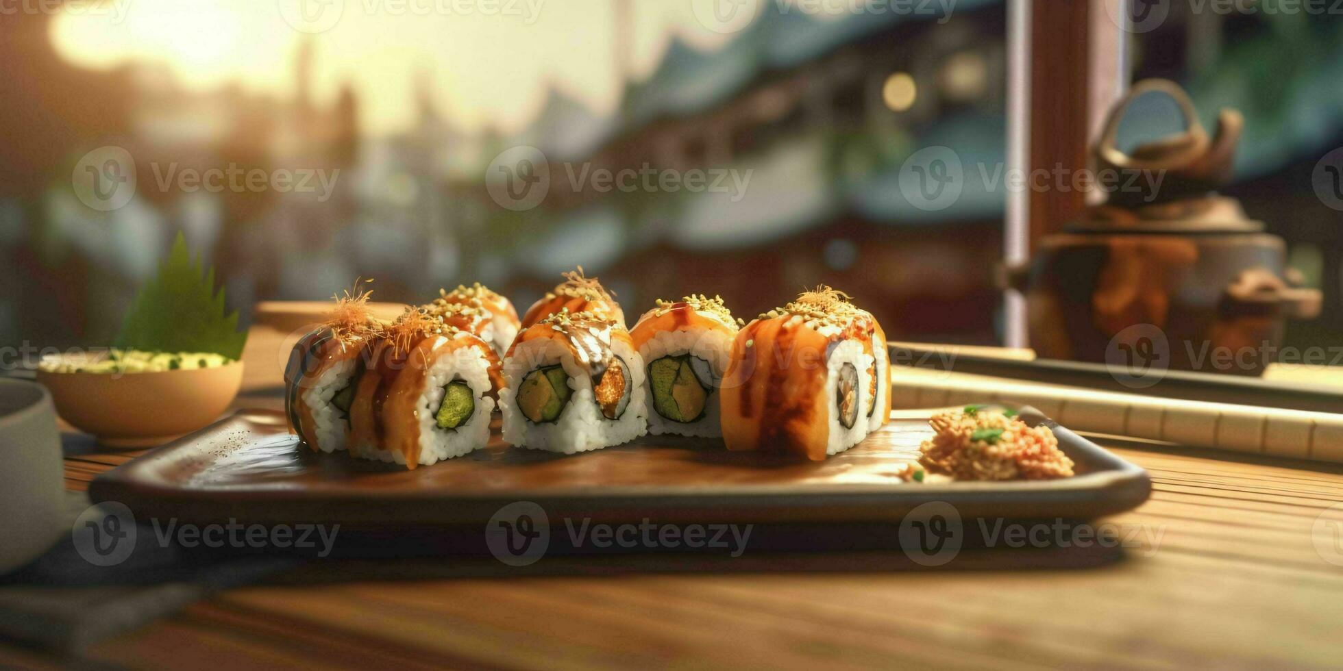 AI generated Delicious Sushi Rolls Served on a Plate. Generative AI photo