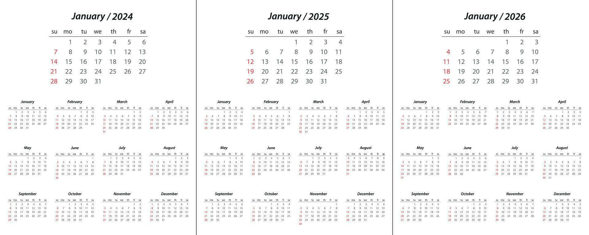 Calendar 2024, calendar 2025, calendar 2026 week start Sunday vector