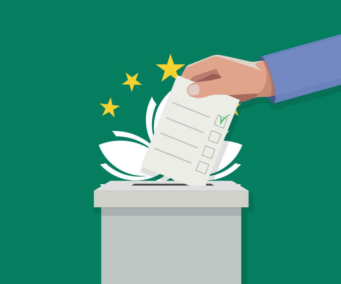 Macao election concept. Hand puts vote bulletin vector