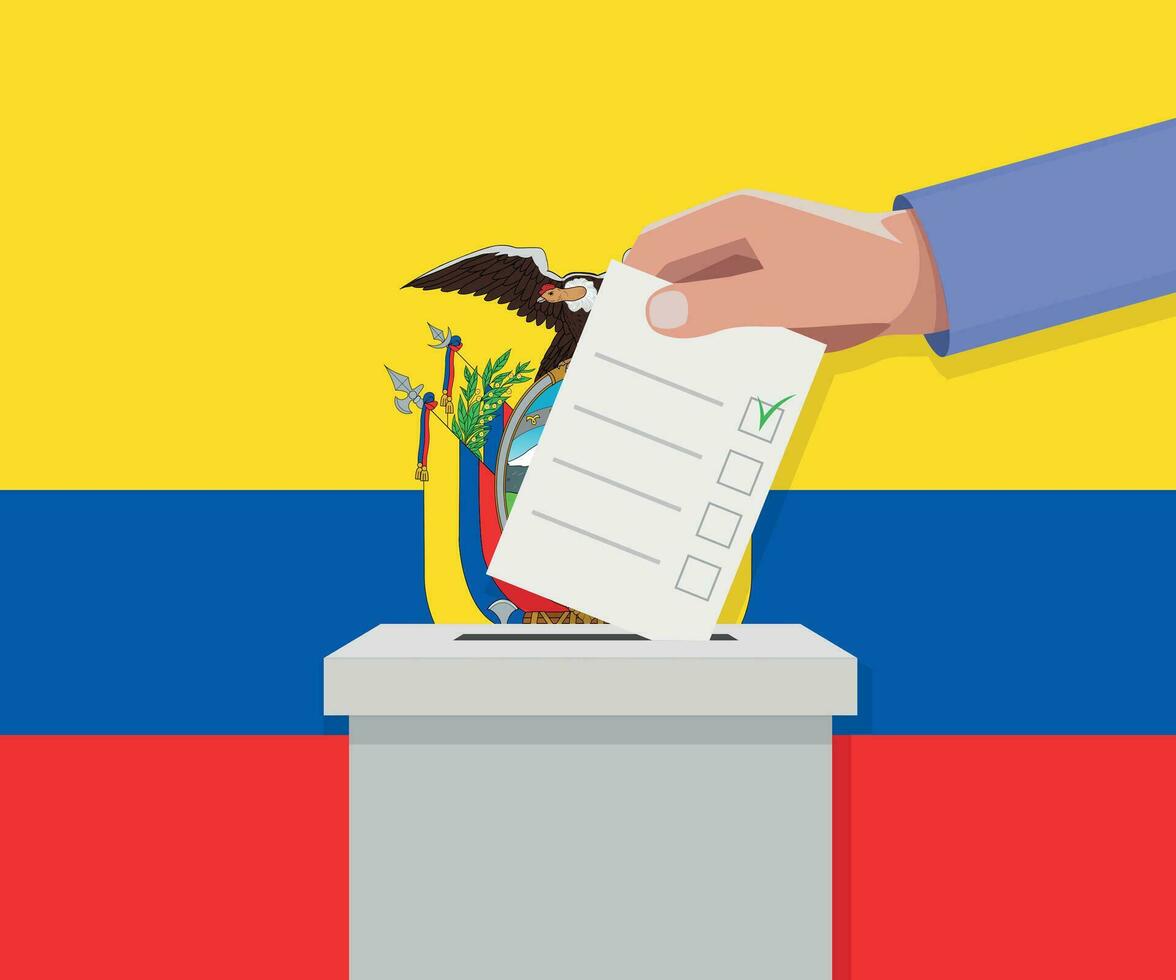 Ecuador election concept. Hand puts vote bulletin vector