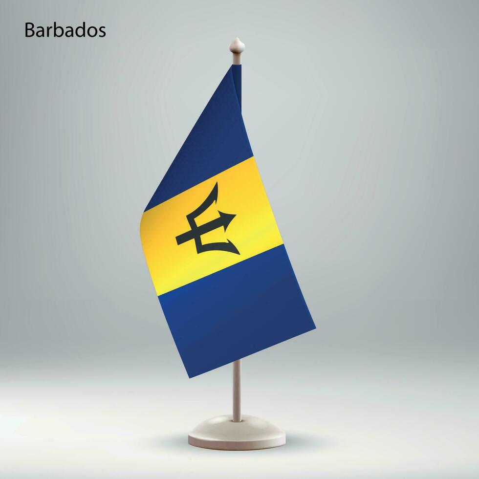 Flag of Barbados hanging on a flag stand. vector