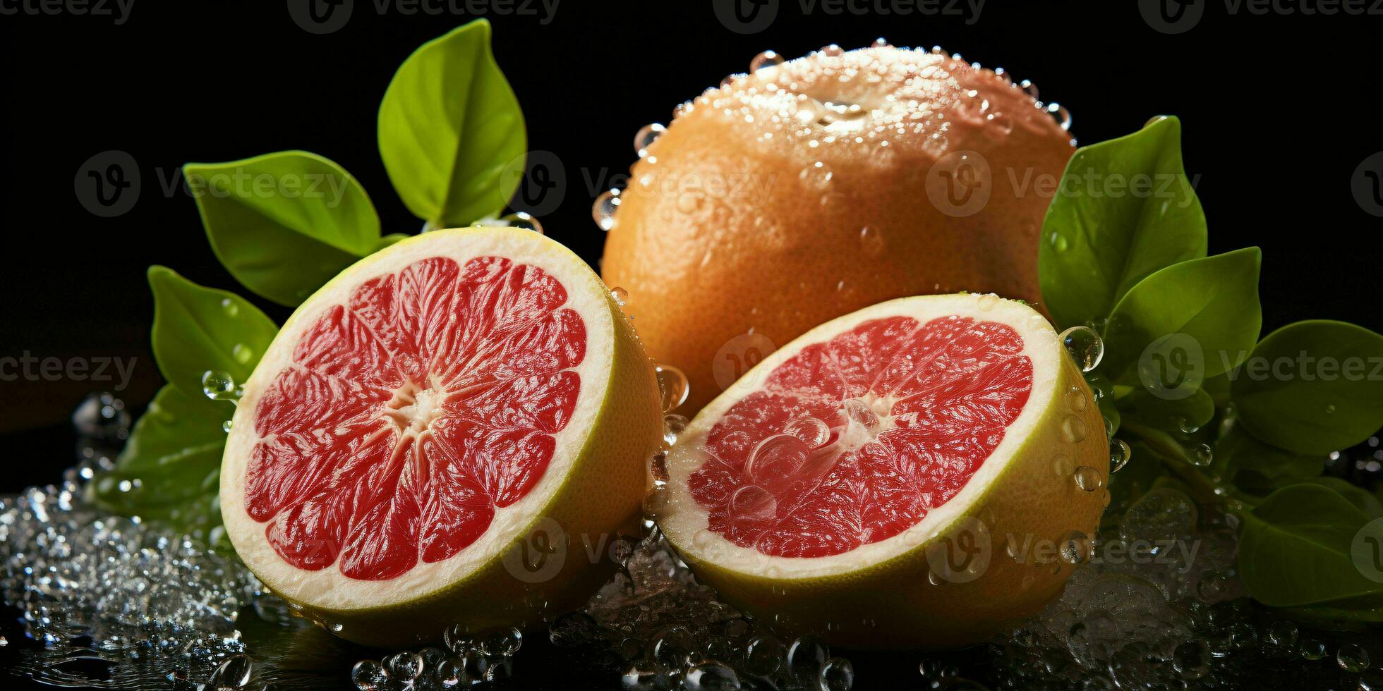 AI generated Sliced Fresh Grapefruits with Water Droplets. Pomelo Fruits. Generative AI photo