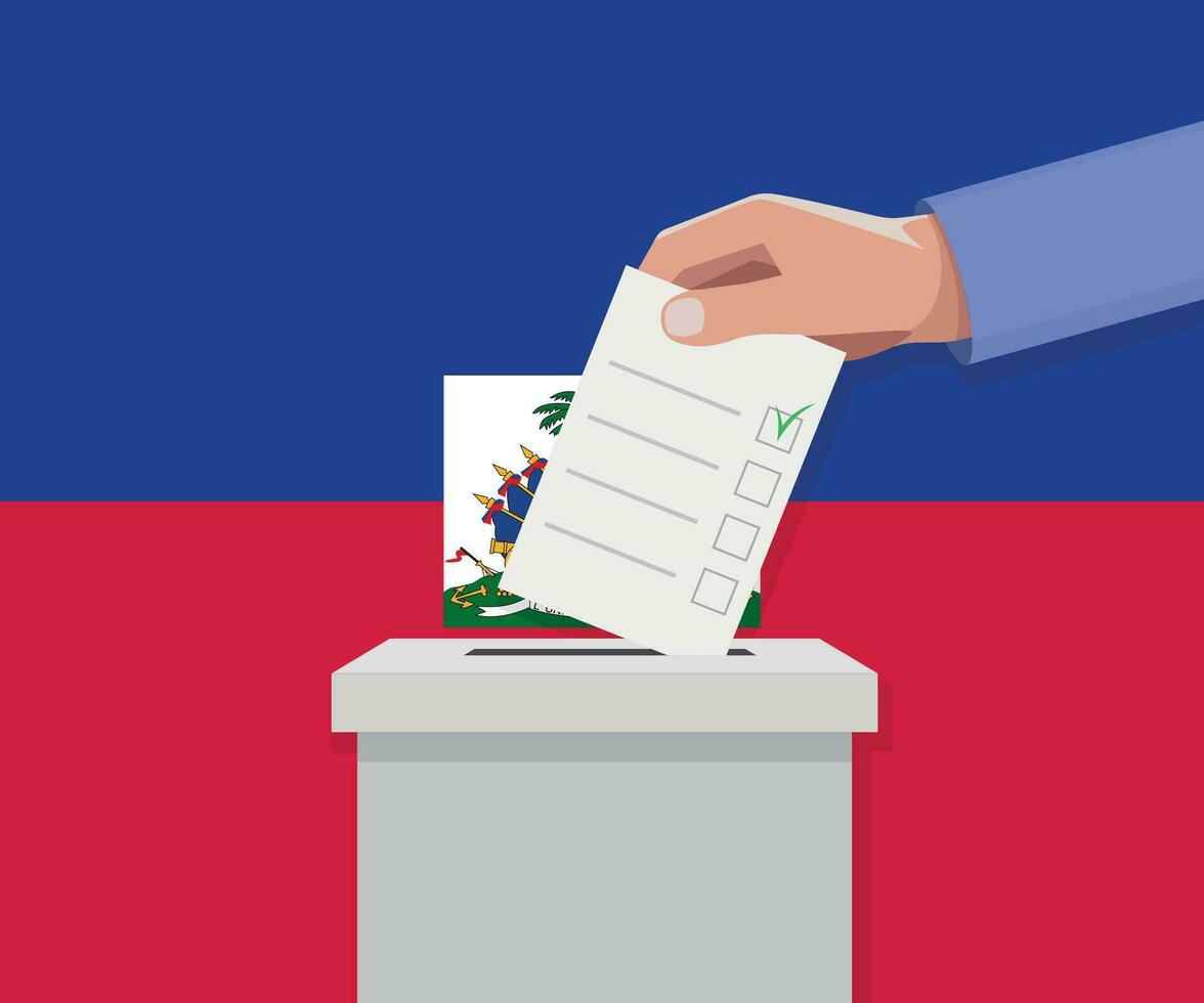 Haiti election concept. Hand puts vote bulletin vector