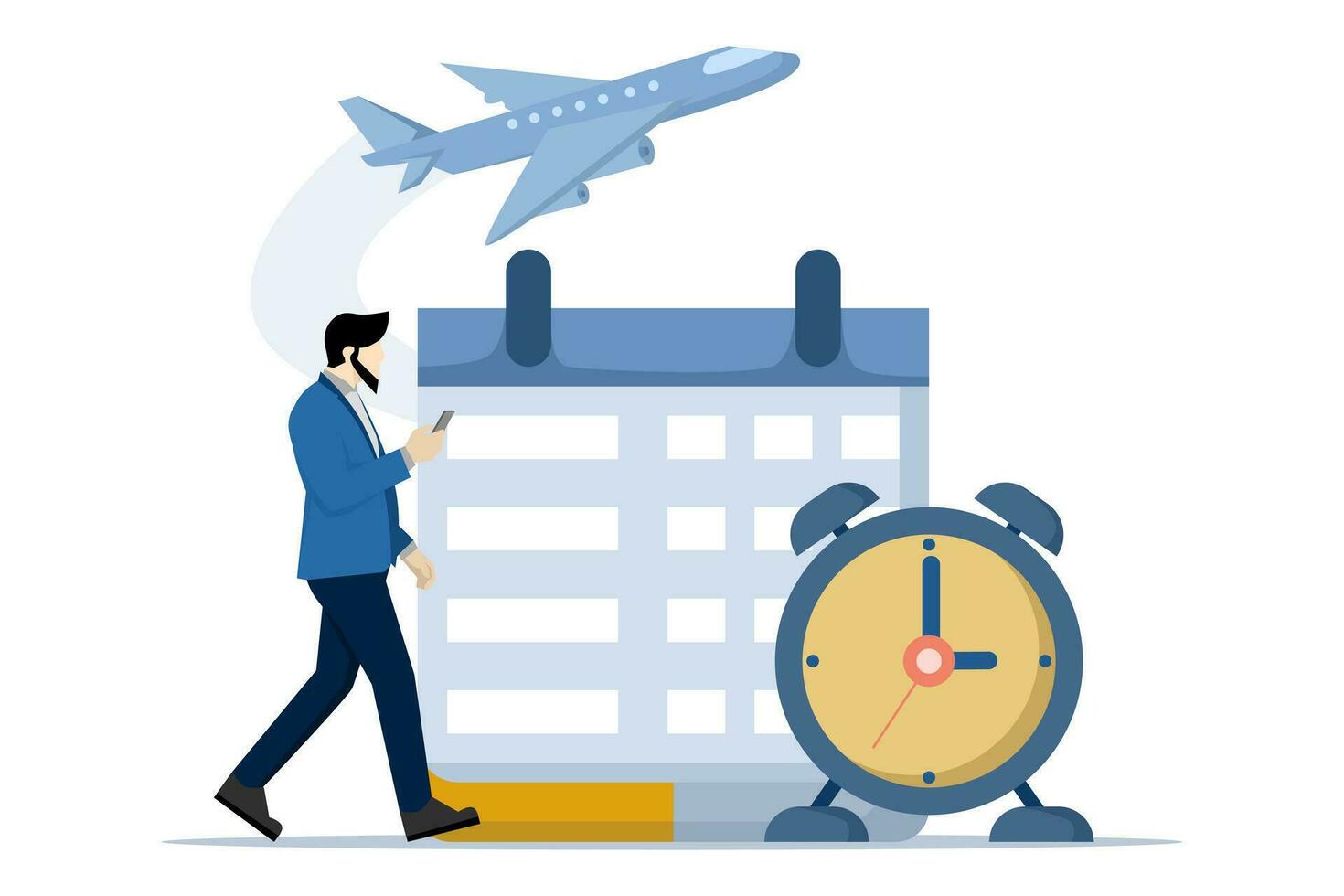 travel plan concept, vacation plan or business trip dates concept, businessman organizes business trip plans. plane on the calendar. flat vector illustration on white background.