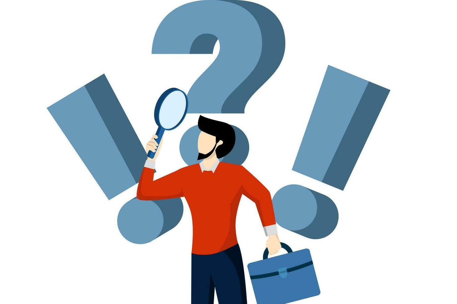 inquiry or research concept, Observation or examination, Curious businessman holding magnifying glass observing data with question mark, curiosity to discover secrets, analyzing information. vector