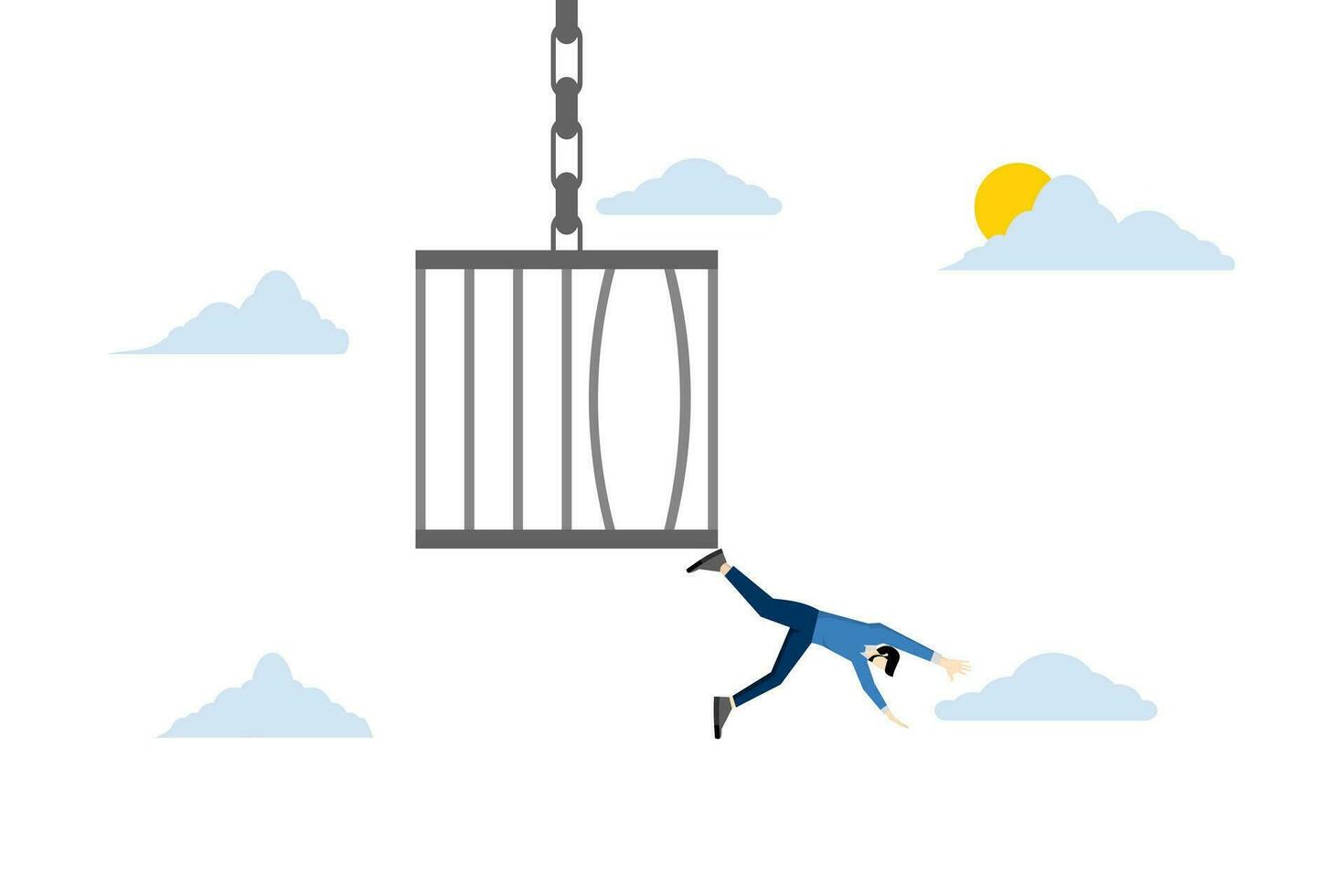 hope and freedom concept, businessman courage to escape from the bird cage, jump and fly, Courage to escape for freedom, get out of comfort zone to look for a new job, open mind for a better life. vector