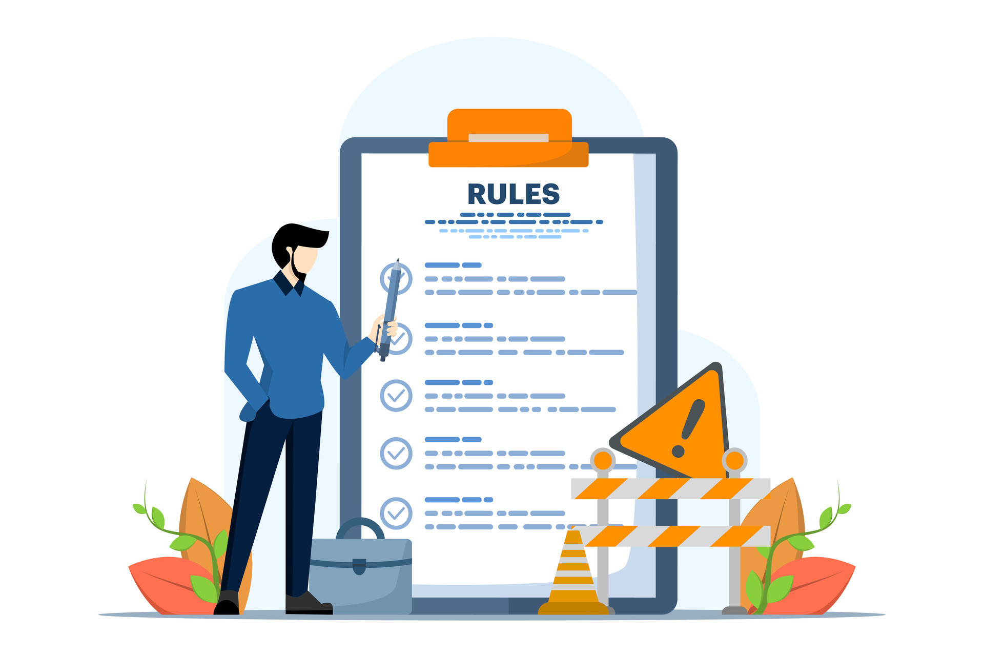 Businessman finishes writing regulations and regulatory documents