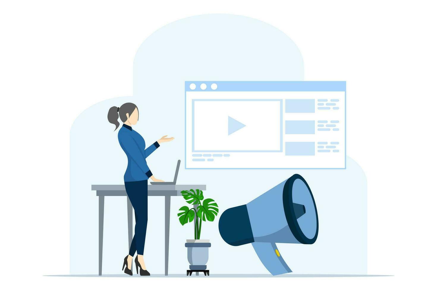 happy female writer with laptop about using megaphone words and content, advertising strategy content to build customer engagement or online audience, storytelling or good articles on websites. vector